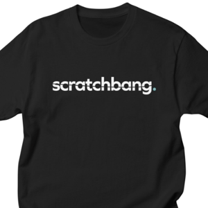 ScratchBang t-shirt with white letters on black fabric