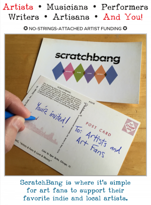 Postcard of ScratchBang logo with invitation to join for artists and art fans